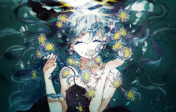 Girl, flowers, anime, art, vocaloid, hatsune miku, under water, dizi930