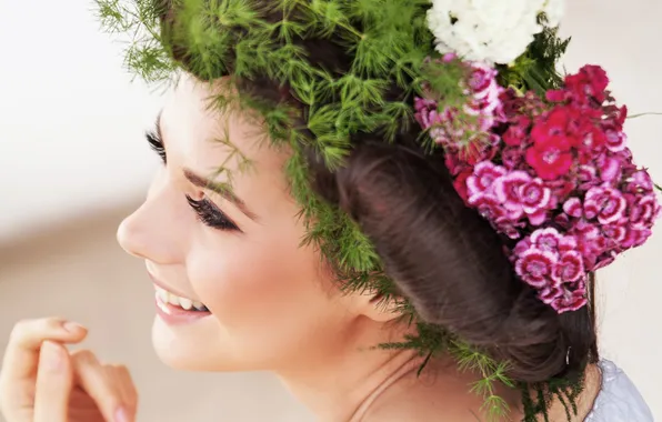 Girl, flowers, eyelashes, smile, mood, hair, makeup, hairstyle