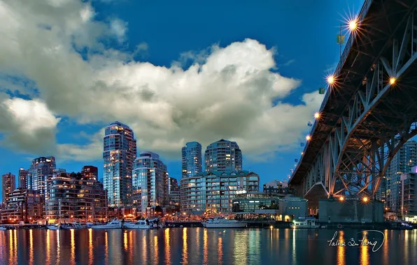 Picture sea, the sky, water, clouds, bridge, the city, reflection, river