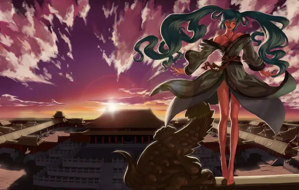 Roof, girl, clouds, sunset, Asia, kimono, vocaloid, hatsune miku