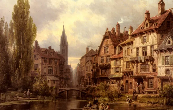 The sky, clouds, bridge, the city, river, boat, people, picture