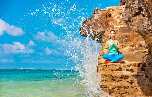 Sea, the sky, water, girl, the sun, clouds, squirt, pose