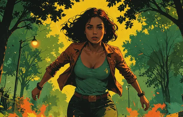 Girl, Park, lantern, runs, comic book stylization