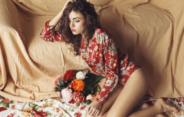 Picture flowers, face, room, model, hair, makeup, beauty, legs