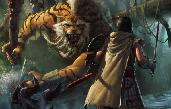 Tiger, stream, weapons, people, monster, sword, art, battle