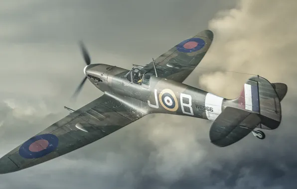 Flight, retro, the plane, fighter, art, in the sky, Spitfire, scout