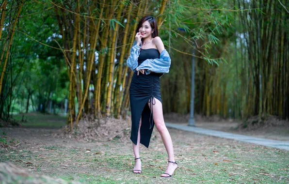 Smile, Asian, Pose, Dress, Brunette, Feet, Jacket