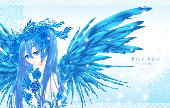 Picture girl, flowers, roses, wings, art, vocaloid, hatsune miku, Vocaloid