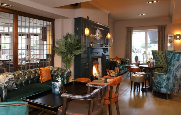 Design, style, London, interior, restaurant, fireplace, living room, Great Britain