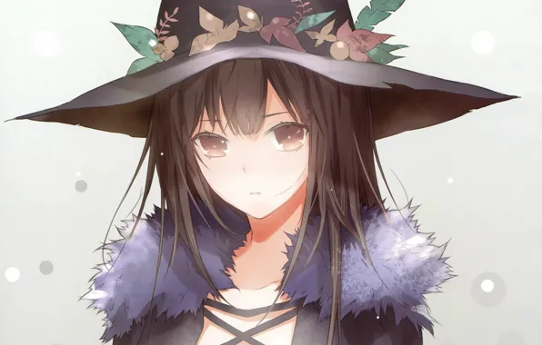 Look, face, fur, grey background, witch hat, haruaki fuyuno