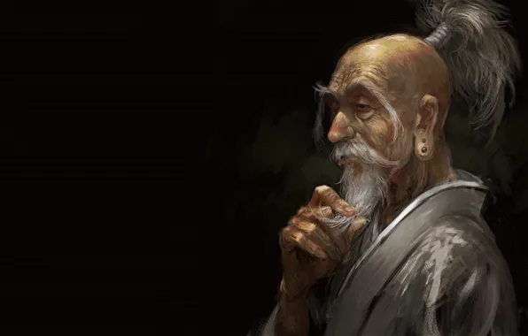 Picture anime, man, asian, digital art, artwork, black background, old man, simple background
