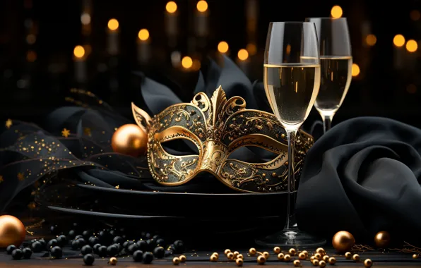 Holiday, wine, mask, glasses, Christmas, alcohol, New year, champagne