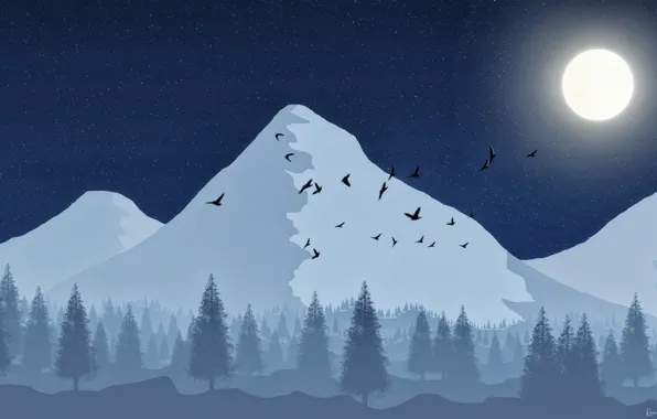 Forest, the sky, stars, mountains, birds, the moon, tree, moon