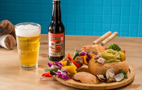 Beer, meat, vegetables, kebab