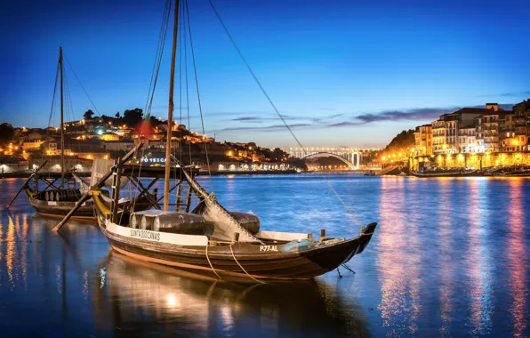 Picture the city, river, boats, the evening, lighting, Portugal, harbour, Port