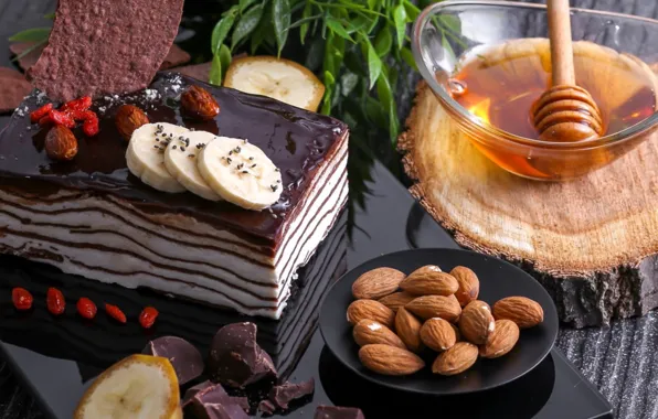 Chocolate, honey, cake, banana, almonds