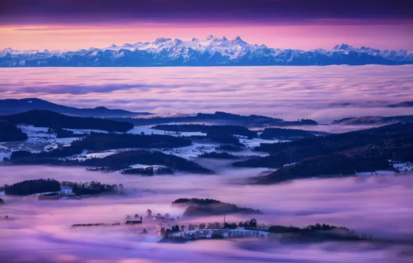 The sky, mountains, fog, morning, valley
