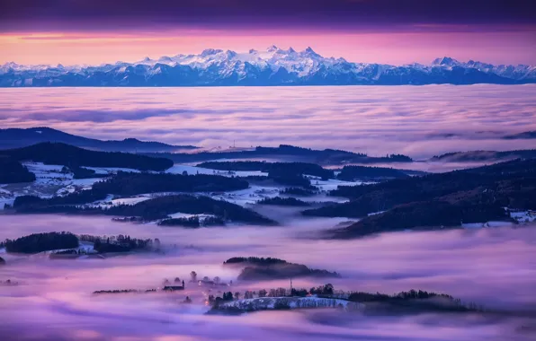 Picture the sky, mountains, fog, morning, valley