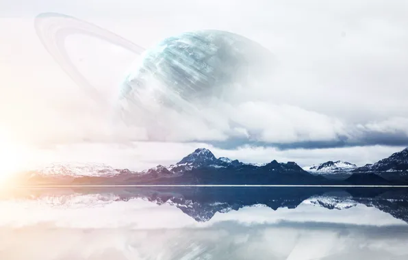 Reflection, Mountains, Lake, Planet, View, Art, Art, Planet