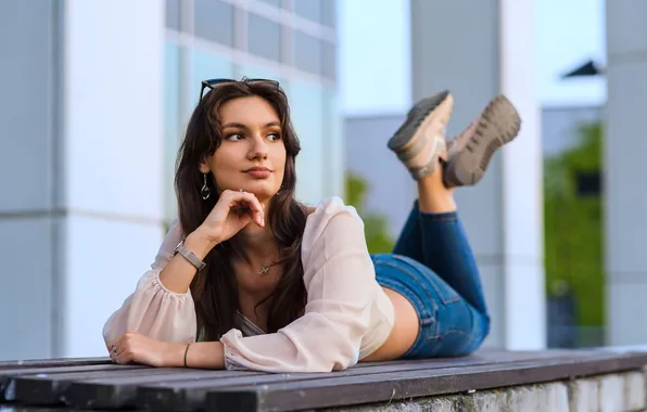 Wallpaper woman, young, beautiful, model, jeans, brunette, sunglasses, long-haired