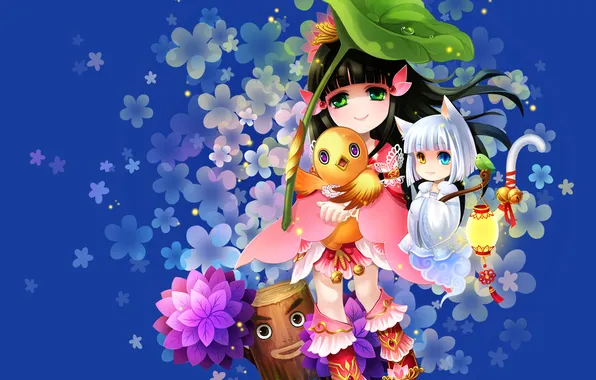 Girl, flowers, stump, anime, art, hugs, tail, lantern
