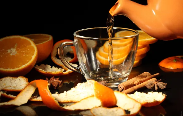 Picture tea, oranges, bowl, cinnamon
