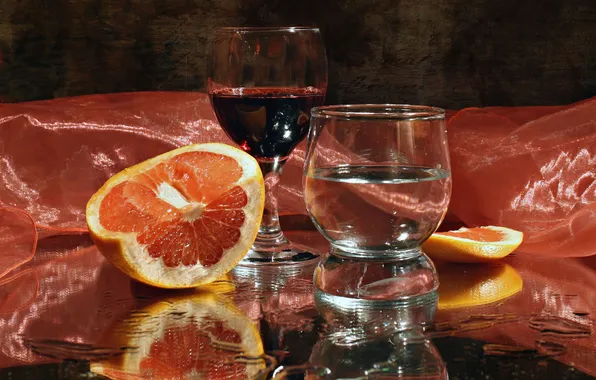 Picture reflection, wine, glass, orange, silk, still life
