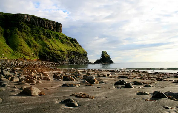 Picture sea, greens, stones, shore, hill, Scotland