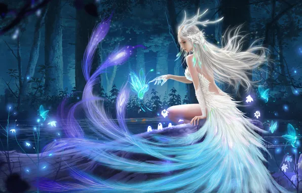 Girl, Trees, Forest, Blonde, Feathers, Style, Girl, Magic
