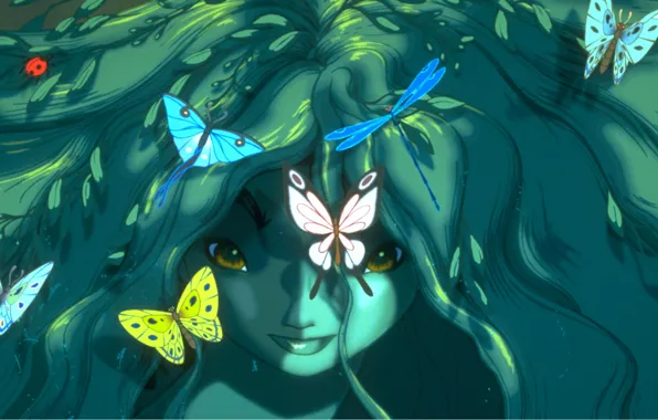 Picture look, butterfly, magic, girl, green hair, the witch
