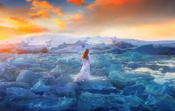 Winter, the sky, girl, clouds, landscape, mountains, nature, pose
