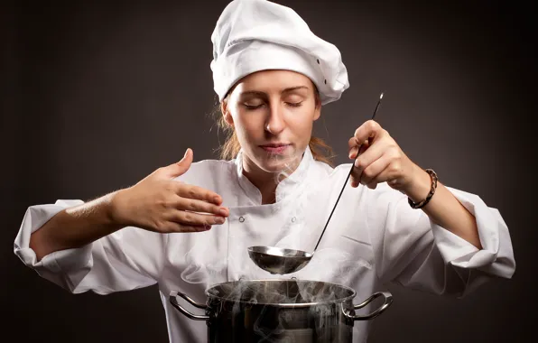 Girl, pose, background, couples, cook, pan, the smell, in white