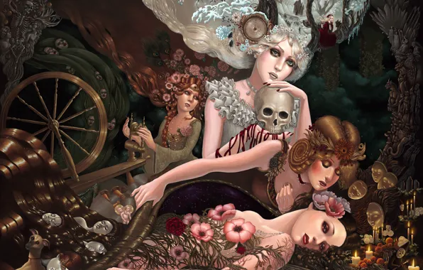 Picture girls, watch, skull, dog, four seasons, Personification, the spindle, covers