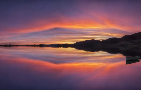 Picture the sky, clouds, landscape, sunset, reflection, hills, boat, the evening
