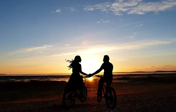Girl, the sun, bike, male, lovers