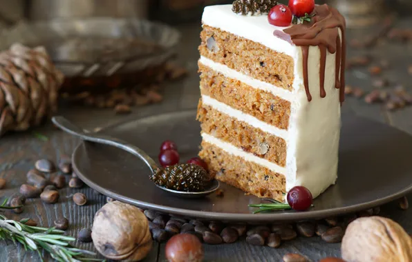 Picture cake, nuts, bumps, cream, piece, jam, layer