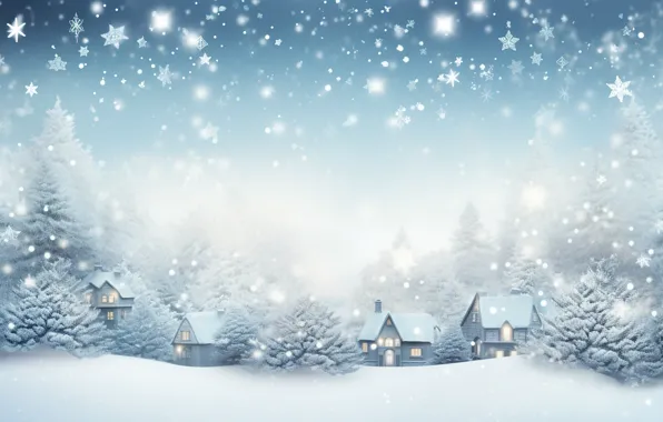 Winter, snow, tree, New Year, village, Christmas, houses, house