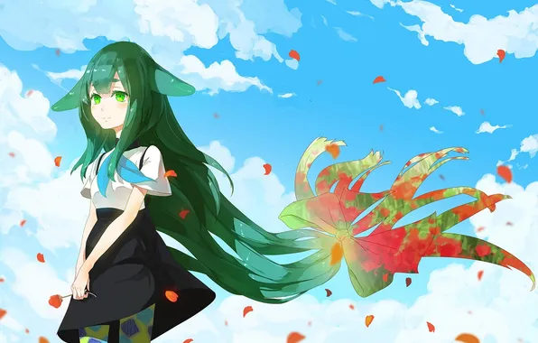 Flower, the sky, girl, clouds, smile, anime, petals, art