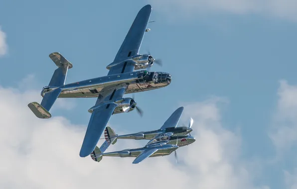 Picture flight, fighter, bomber, Lightning, P-38, Mitchell, B-25