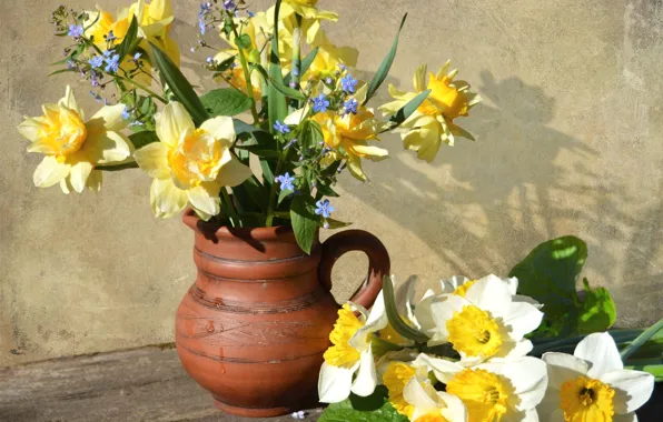 Bouquet, pitcher, daffodils, forget-me-nots