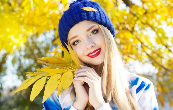 Look, smile, foliage, hat, Girl, blonde