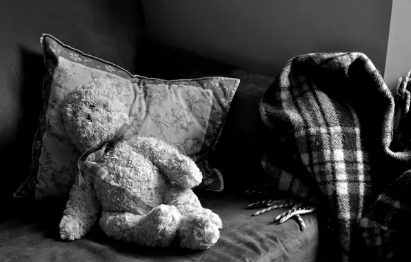 Loneliness, sofa, bear, plush, longing, black and white, pillow.blanket