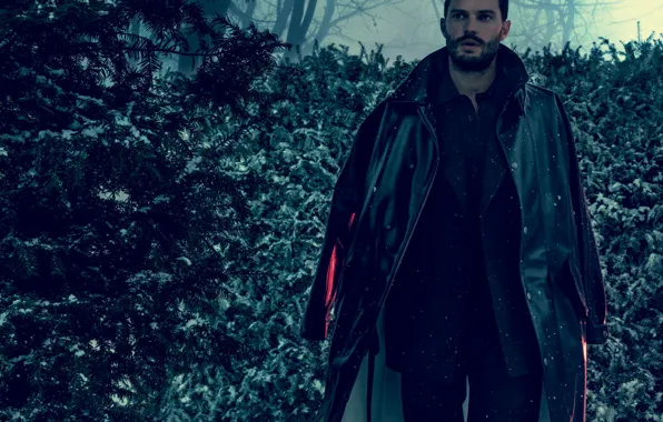 Winter, forest, snow, trees, snowflakes, costume, actor, coat