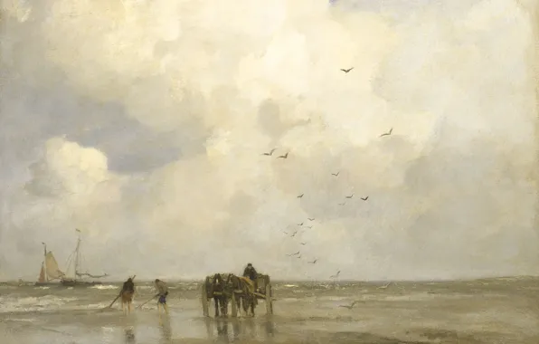 Sea, shore, oil, picture, canvas, Jacob Maris Hendrikus, Fishing