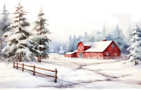 Winter, frost, field, forest, snow, red, fog, house