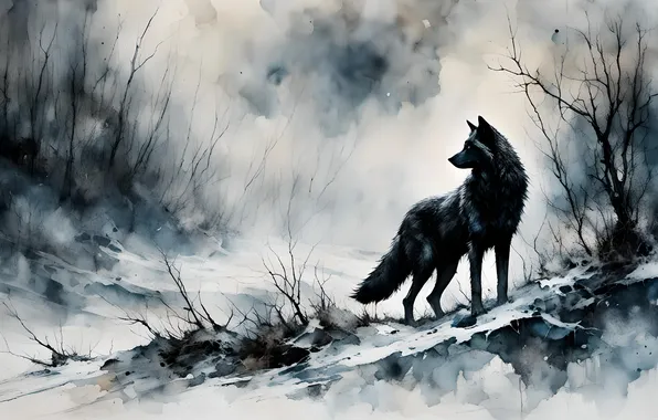 Winter, snow, trees, branches, nature, black, figure, wolf