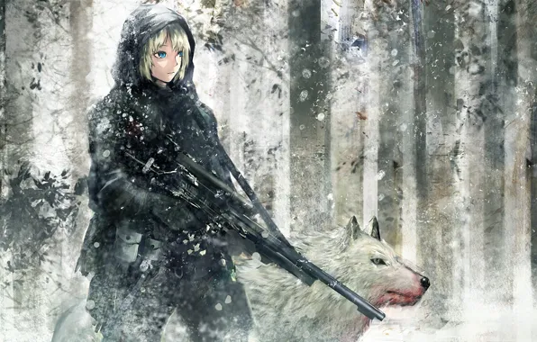 Picture winter, forest, girl, blood, figure, wolf, machine