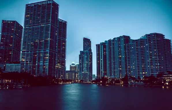 Water, lights, home, Miami, skyscrapers, the evening, FL, Miami
