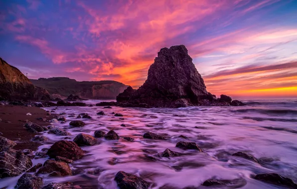 Sea, wave, beach, the sky, clouds, landscape, sunset, bright