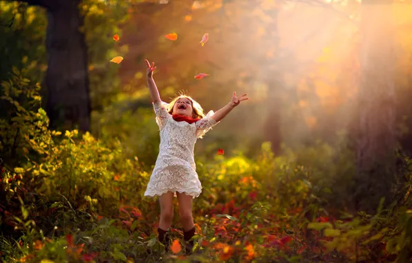 Autumn, forest, leaves, trees, nature, child, girl
